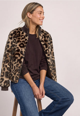 Fake Fur Bomber Jacket With Knit | Auburn Brown Leopard