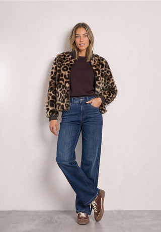 Fake Fur Bomber Jacket With Knit | Auburn Brown Leopard