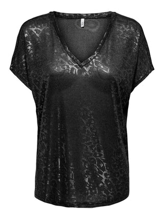 Miranda Short Sleeve V Neck Top | Black Metallic Zig Zag