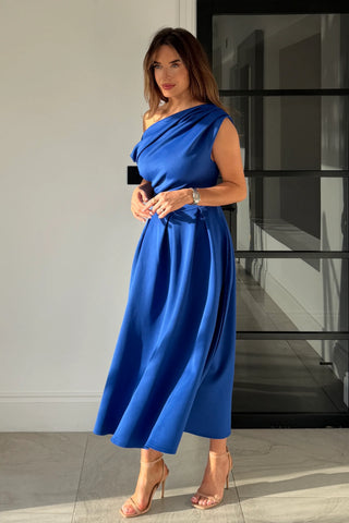 Betty Asymmetric Neckline Skater Midi Dress | Cobalt