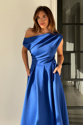Betty Asymmetric Neckline Skater Midi Dress | Cobalt