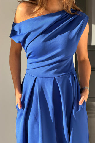 Betty Asymmetric Neckline Skater Midi Dress | Cobalt