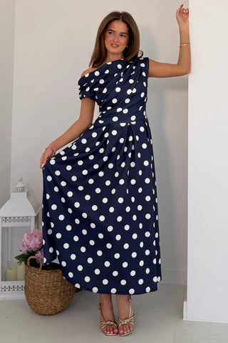 Betty Asymmetric Neckline Skater Midi Dress | Navy Polka