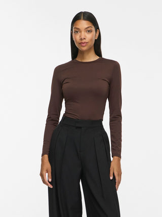 Kenza Long Sleeve Round Neck Top | Coffee Bean