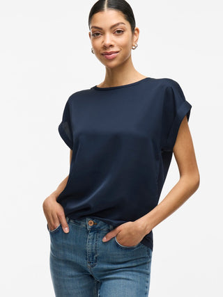 Viellette Short Sleeve Satin Top | Navy Blazer