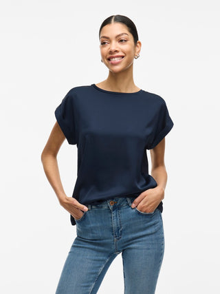 Viellette Short Sleeve Satin Top | Navy Blazer