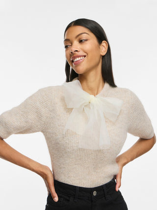 Itza Round Neck 2//4 Bow Knit Top  | Super Light Natural Melange