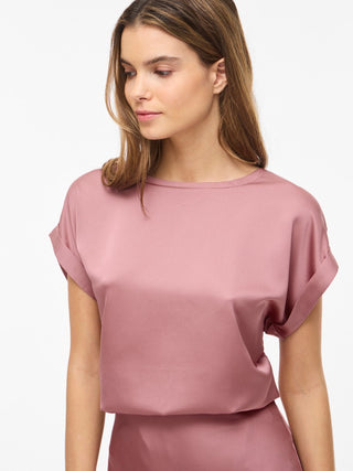 Viellette Short Sleeve Satin Top | Nostalgia Rose