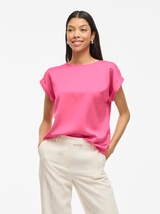 Ellette Short Sleeve Satin Top  | Sangria Sunset