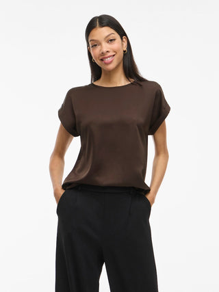 Ellette Short Sleeve Satin Top  | Coffee Bean