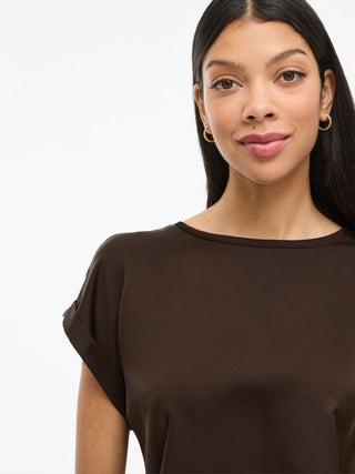 Ellette Short Sleeve Satin Top  | Coffee Bean