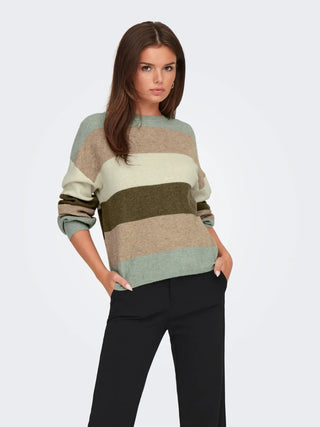 Latia Long Sleeve Strip Pullover Knit | Hedge Green W. Toasted Coconut/Pumice Stone/Breen