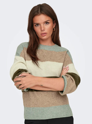 Latia Long Sleeve Strip Pullover Knit | Hedge Green W. Toasted Coconut/Pumice Stone/Breen