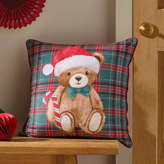 Christmas Tartan Teddy Bear Cushion | Green
